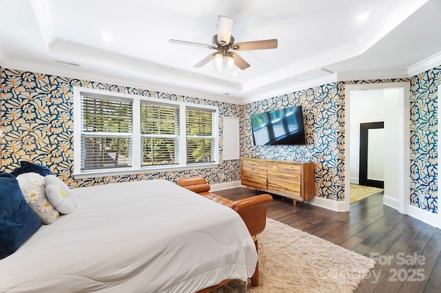 101 Cross Current Ln, Belmont, NC 28012 - bedroom featuring wallpapered walls, hardwood / wood-style floors, a tray ceiling, crown molding, and ceiling fan