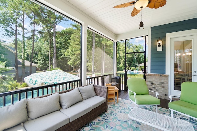 101 Cross Current Ln, Belmont, NC 28012 - sunroom featuring outdoor lounge area, a ceiling fan, and healthy amount of natural light