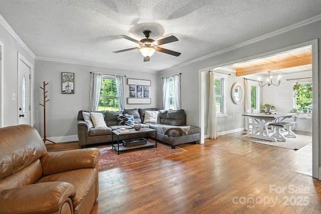 602 Unity St, Fort Mill, SC 29715 - living area featuring a chandelier, wood-type flooring, ceiling fan, ornamental molding, and a textured ceiling