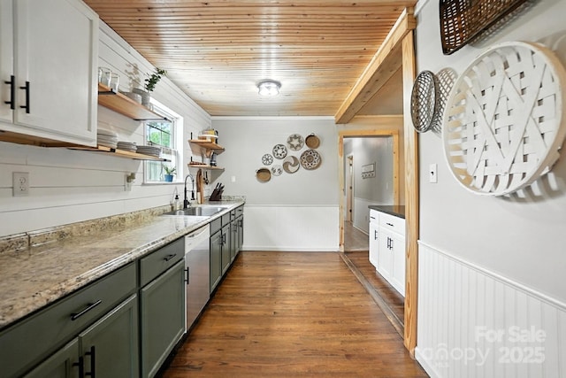 602 Unity St, Fort Mill, SC 29715 - kitchen featuring open shelves, dishwashing machine, wood ceiling, wainscoting, and dark wood finished floors