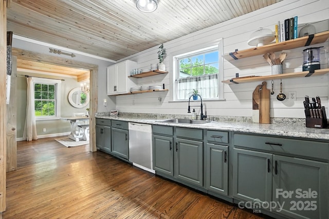 602 Unity St, Fort Mill, SC 29715 - kitchen with white dishwasher, open shelves, gray cabinetry, dark wood finished floors, and plenty of natural light