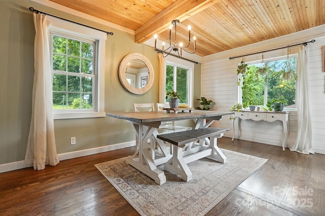 602 Unity St, Fort Mill, SC 29715 - dining area with a wooden ceiling with exposed beams, a chandelier, and wood-type flooring
