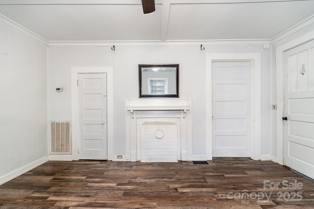 1224 Hollywood Ter, Albemarle, NC 28001 - unfurnished living room featuring dark wood finished floors, ceiling fan, and ornamental molding