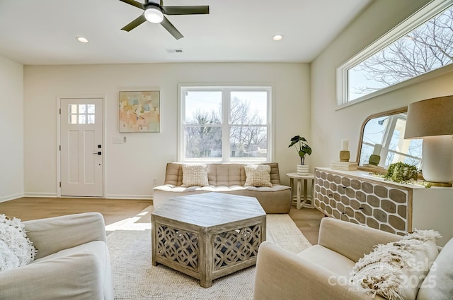 709 Catawba St, Lincolnton, NC 28092 - living area featuring a ceiling fan, recessed lighting, and wood finished floors