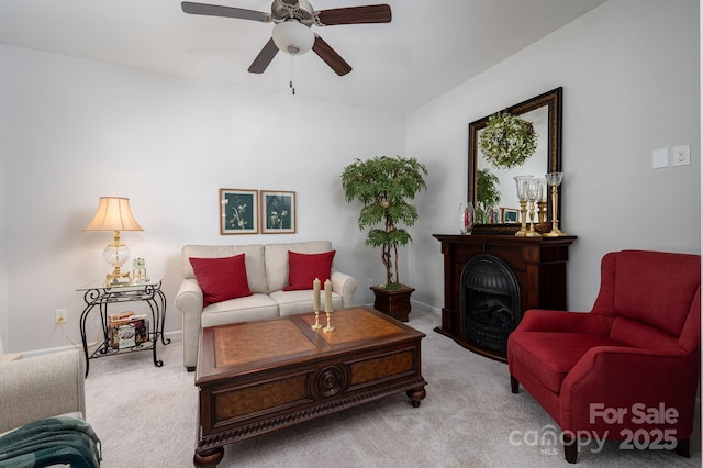 658 Gardenbrook Trl, Belmont, NC 28012 - carpeted living room with a fireplace and ceiling fan