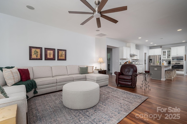 658 Gardenbrook Trl, Belmont, NC 28012 - living area featuring a ceiling fan, dark wood-style flooring, and recessed lighting
