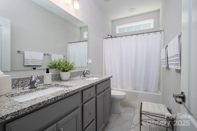 658 Gardenbrook Trl, Belmont, NC 28012 - bathroom featuring marble look tiles, shower / tub combo with curtain, and double vanity