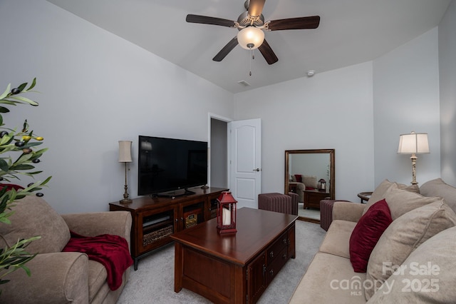 658 Gardenbrook Trl, Belmont, NC 28012 - living room featuring light colored carpet, a ceiling fan, and a high ceiling