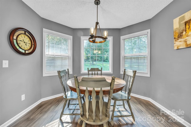 5476 Twelve Oak Ln, Conover, NC 28613 - dining space with healthy amount of natural light, a textured ceiling, a chandelier, and dark wood-style floors