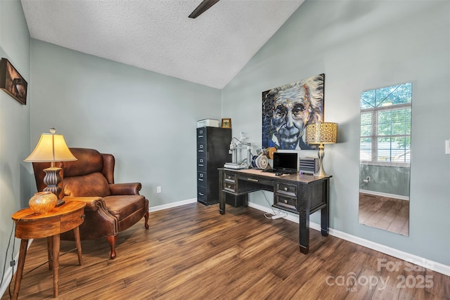 5476 Twelve Oak Ln, Conover, NC 28613 - office area with wood finished floors, a ceiling fan, a textured ceiling, and high vaulted ceiling