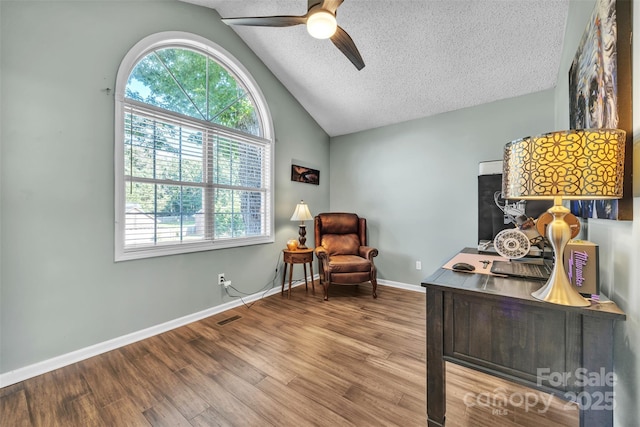 5476 Twelve Oak Ln, Conover, NC 28613 - office area featuring lofted ceiling, a ceiling fan, healthy amount of natural light, wood finished floors, and a textured ceiling