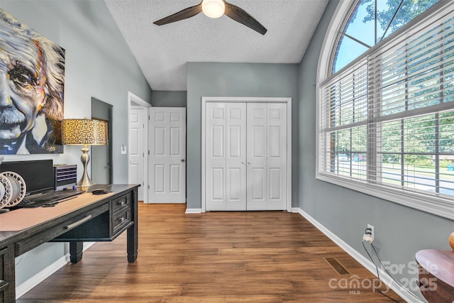 5476 Twelve Oak Ln, Conover, NC 28613 - office space featuring ceiling fan, lofted ceiling, a textured ceiling, and wood finished floors
