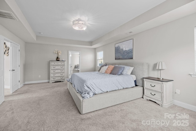 241 Boxelder Rd, Clover, SC 29710 - bedroom with light colored carpet, a raised ceiling, and connected bathroom
