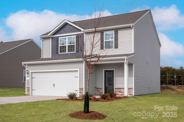 1048 Russell Dr, Winston Salem, NC 27127 - craftsman-style home with concrete driveway, a garage, stone siding, and a front lawn