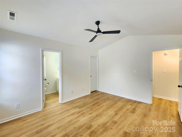 3106 Faircroft Way, Monroe, NC 28110 - unfurnished bedroom featuring vaulted ceiling, light wood-style floors, ensuite bath, and ceiling fan