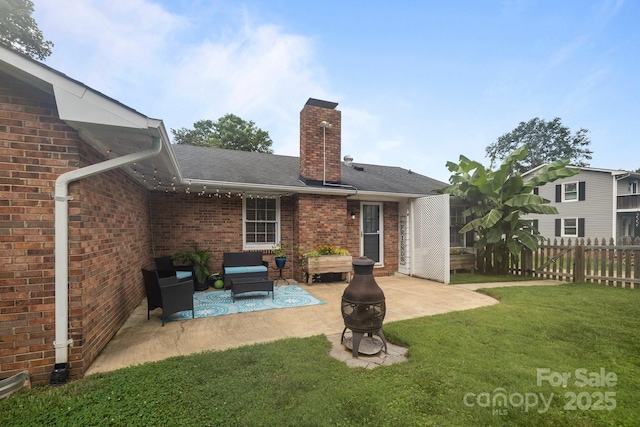 115 Fox Run Dr, Fort Mill, SC 29715 - rear view of property with a patio area, a chimney, brick siding, roof with shingles, and an outdoor living space