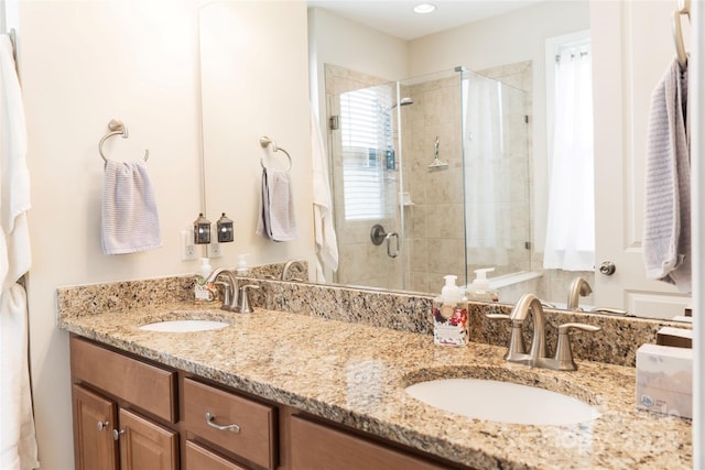 1156 Mckee Farm Ln, Belmont, NC 28012 - bathroom with double vanity and a shower stall