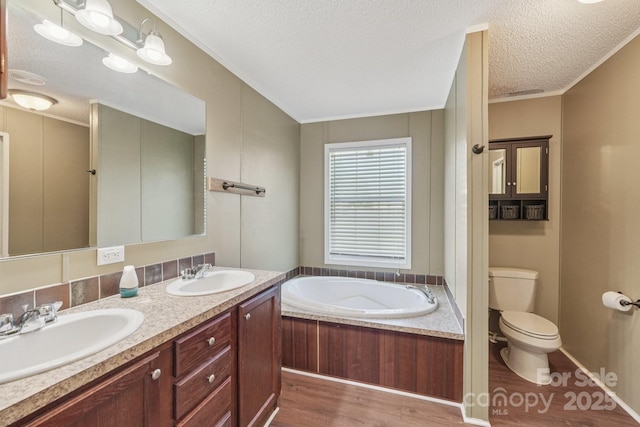1069 Heather Glen Dr, Catawba, NC 28609 - full bath featuring wood finished floors, a bath, double vanity, a textured ceiling, and ornamental molding
