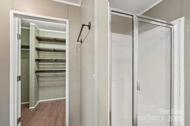 1069 Heather Glen Dr, Catawba, NC 28609 - bathroom featuring a textured ceiling, a shower stall, wood finished floors, and a spacious closet