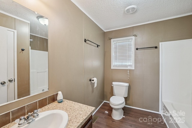 1069 Heather Glen Dr, Catawba, NC 28609 - full bath featuring a textured ceiling, vanity, wood finished floors, and a decorative wall