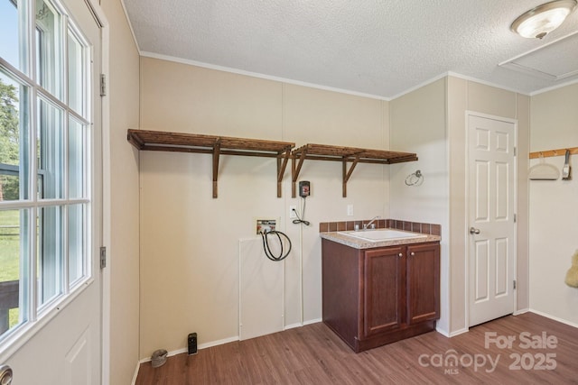 1069 Heather Glen Dr, Catawba, NC 28609 - laundry room with hookup for a washing machine, wood finished floors, a textured ceiling, and crown molding