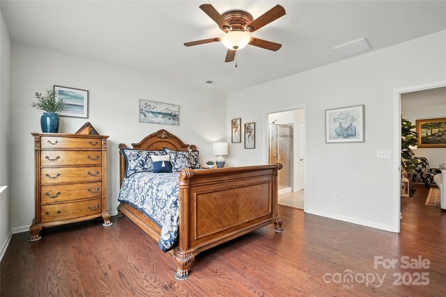 10120 Berkeley Castle Dr, Charlotte, NC 28273 - bedroom featuring dark wood finished floors, ceiling fan, and connected bathroom