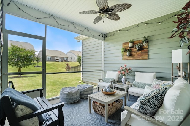 10120 Berkeley Castle Dr, Charlotte, NC 28273 - sunroom / solarium featuring outdoor lounge area and a ceiling fan