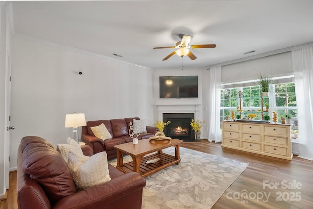137 Branchview Dr, Mooresville, NC 28115 - living room with ceiling fan, a fireplace with flush hearth, wood finished floors, and crown molding