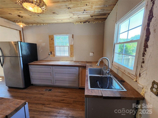 1004 S Ridge Ave, Kannapolis, NC 28083 - kitchen with freestanding refrigerator, wood ceiling, butcher block countertops, and dark wood-type flooring
