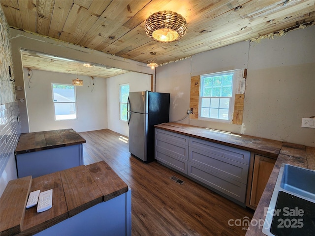 1004 S Ridge Ave, Kannapolis, NC 28083 - kitchen with freestanding refrigerator, butcher block counters, dark wood-style floors, wood ceiling, and decorative light fixtures