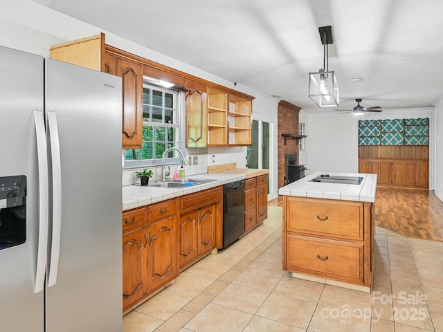 8 Mayfair Dr, Candler, NC 28715 - kitchen with black appliances, tile counters, ceiling fan, and open shelves