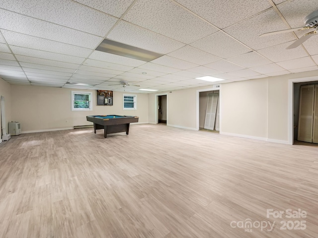8 Mayfair Dr, Candler, NC 28715 - recreation room featuring ceiling fan, a paneled ceiling, billiards table, light wood-style flooring, and a baseboard radiator