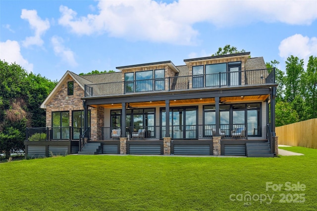 5985 Natoma Rd, Clover, SC 29710 - rear view of house with a balcony, ceiling fan, stone siding, and stairs