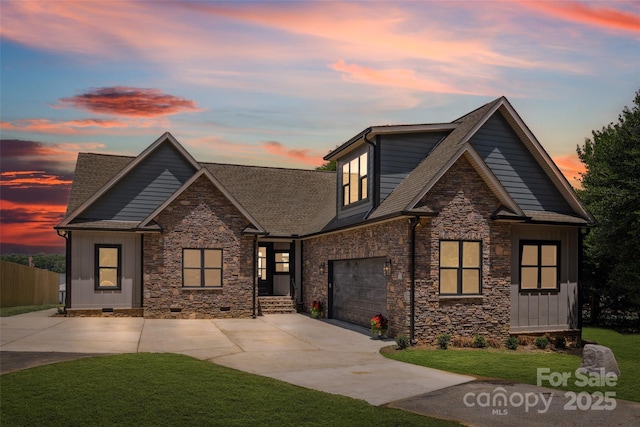 5985 Natoma Rd, Clover, SC 29710 - view of front of house featuring concrete driveway, stone siding, roof with shingles, and board and batten siding