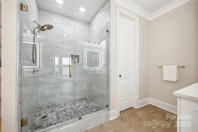 5985 Natoma Rd, Clover, SC 29710 - bathroom with a shower stall, vanity, recessed lighting, and tile patterned flooring