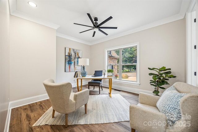 5985 Natoma Rd, Clover, SC 29710 - office area featuring ornamental molding, ceiling fan, wood finished floors, and recessed lighting
