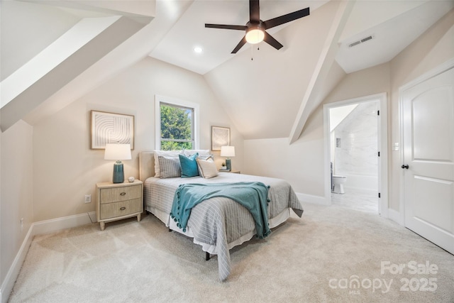 5985 Natoma Rd, Clover, SC 29710 - bedroom with light colored carpet, lofted ceiling, connected bathroom, ceiling fan, and recessed lighting