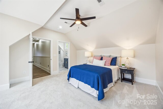 5985 Natoma Rd, Clover, SC 29710 - bedroom with vaulted ceiling, carpet floors, connected bathroom, and ceiling fan