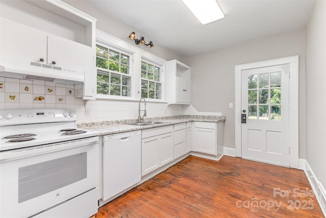 309 E Main St, Lattimore, NC 28089 - kitchen featuring white appliances, under cabinet range hood, open shelves, and healthy amount of natural light