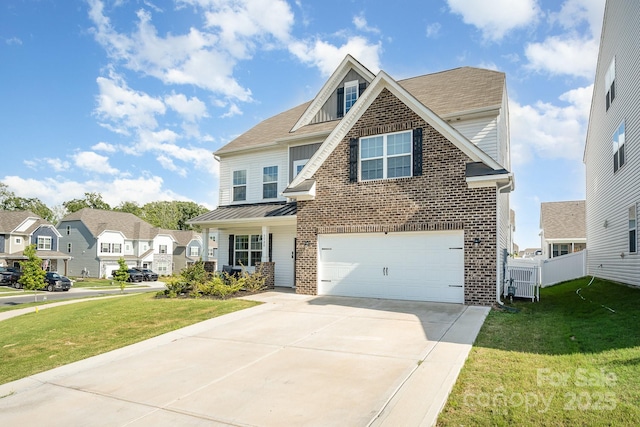 5580 Soft Shell Dr, Lancaster, SC 29720 - view of front of home with brick siding, concrete driveway, a garage, a residential view, and a metal roof