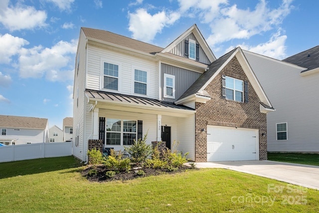 5580 Soft Shell Dr, Lancaster, SC 29720 - view of front of property featuring brick siding, a standing seam roof, driveway, an attached garage, and board and batten siding