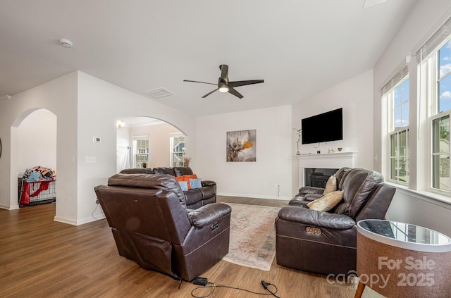 5580 Soft Shell Dr, Lancaster, SC 29720 - living area featuring arched walkways, wood finished floors, ceiling fan, and a fireplace