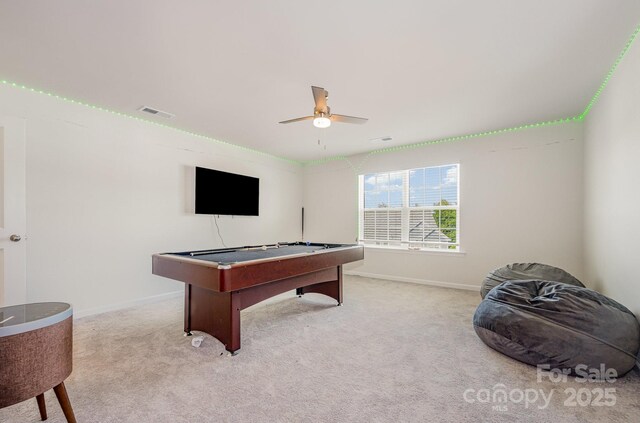 5580 Soft Shell Dr, Lancaster, SC 29720 - rec room featuring carpet flooring, ceiling fan, and billiards table