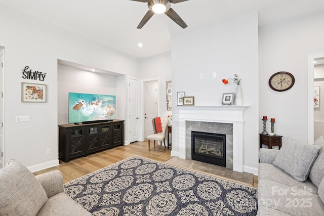 3022 Trace Meadow Ct, York, SC 29745 - living room featuring ceiling fan, wood finished floors, a premium fireplace, and recessed lighting