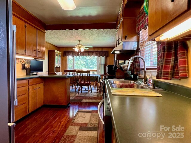 795 Monte Vista Rd, Candler, NC 28715 - kitchen featuring brown cabinetry, a ceiling fan, dark wood-style floors, a peninsula, and under cabinet range hood