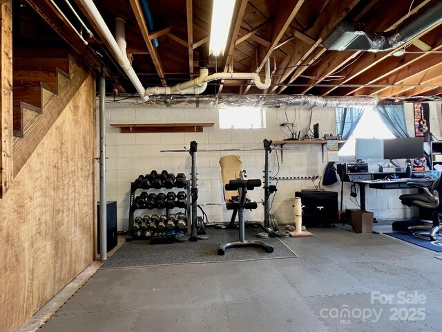795 Monte Vista Rd, Candler, NC 28715 - exercise room with plenty of natural light and concrete block wall