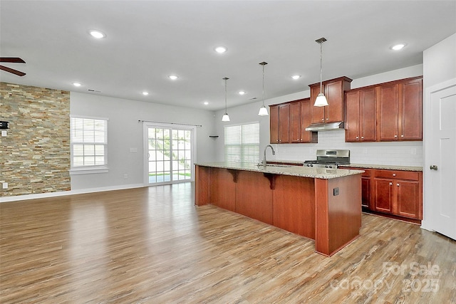 7079 Waterwheel St SW, Concord, NC 28025 - kitchen featuring stainless steel range, light wood-type flooring, under cabinet range hood, backsplash, and a breakfast bar area