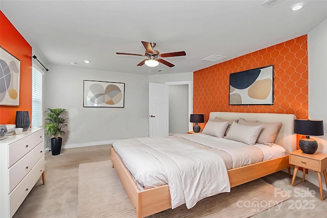 7079 Waterwheel St SW, Concord, NC 28025 - bedroom featuring an accent wall, wallpapered walls, recessed lighting, ceiling fan, and concrete flooring