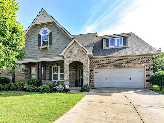 2005 Arbor Hills Dr, Indian Trail, NC 28079 - view of front of house featuring brick siding, a front yard, concrete driveway, roof with shingles, and stone siding