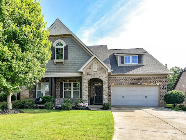 2005 Arbor Hills Dr, Indian Trail, NC 28079 - view of front facade with a front lawn, concrete driveway, brick siding, stone siding, and a shingled roof